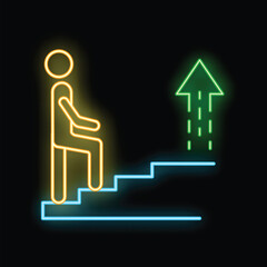 Neon sign of a businessman climbing up stairs with an arrow pointing up at the top, representing career success and achievement