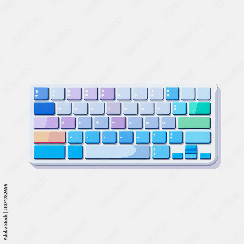 Poster a stylish flat wireless keyboard design featuring a colorful key layout on a white background, perfe