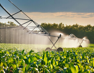A corn field being watered by an agricultural irrigation system. Generated with AI