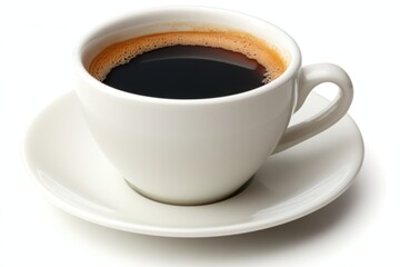 Freshly Brewed Morning Cup of Coffee on a Saucer, Isolated on a Clean White Background