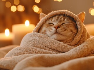 A cozy cat wrapped in a soft towel, relaxing peacefully near candles, creating a warm and inviting atmosphere.