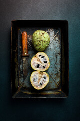 Cherimoya sugar apple, custard apple, sweetsop, cherimoya fruit. Tropical fruits. Top view.