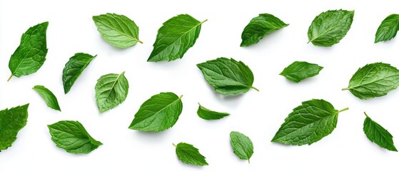 A collection of mint leaves, scattered arrangement, vibrant green color and detailed texture, photorealistic freshness, isolated on white background