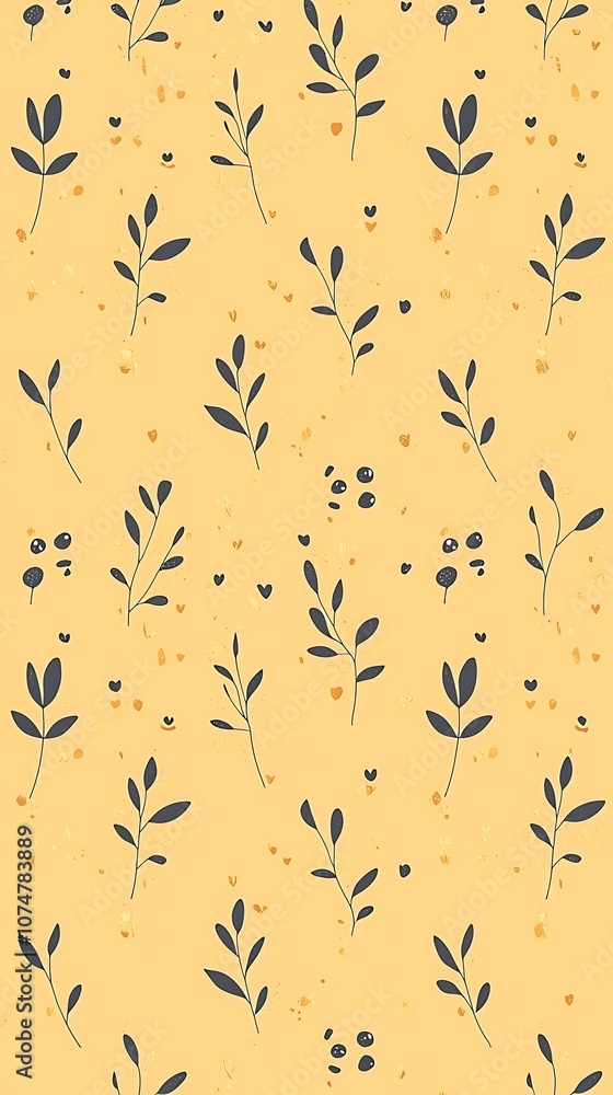 Poster vibrant yellow background with delicate botanical illustrations featuring simple leaves and tiny mot