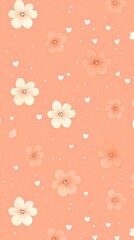 Delicate Floral Pattern with Soft Peach Background, Featuring Charming Hearts and Whimsical Dots, Perfect for Spring and Feminine Designs