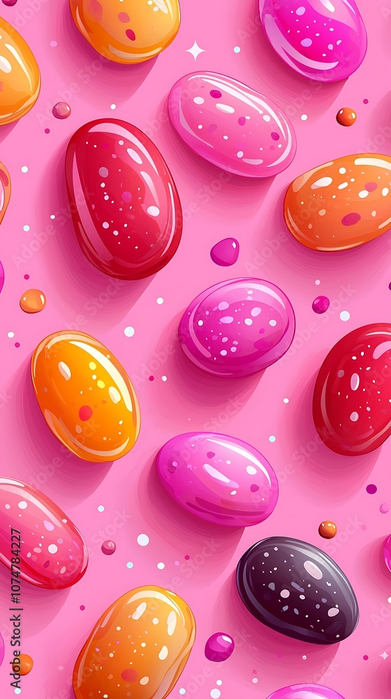 Poster colorful abstract pattern of glossy jelly beans on a soft pink background with sparkles creating a p