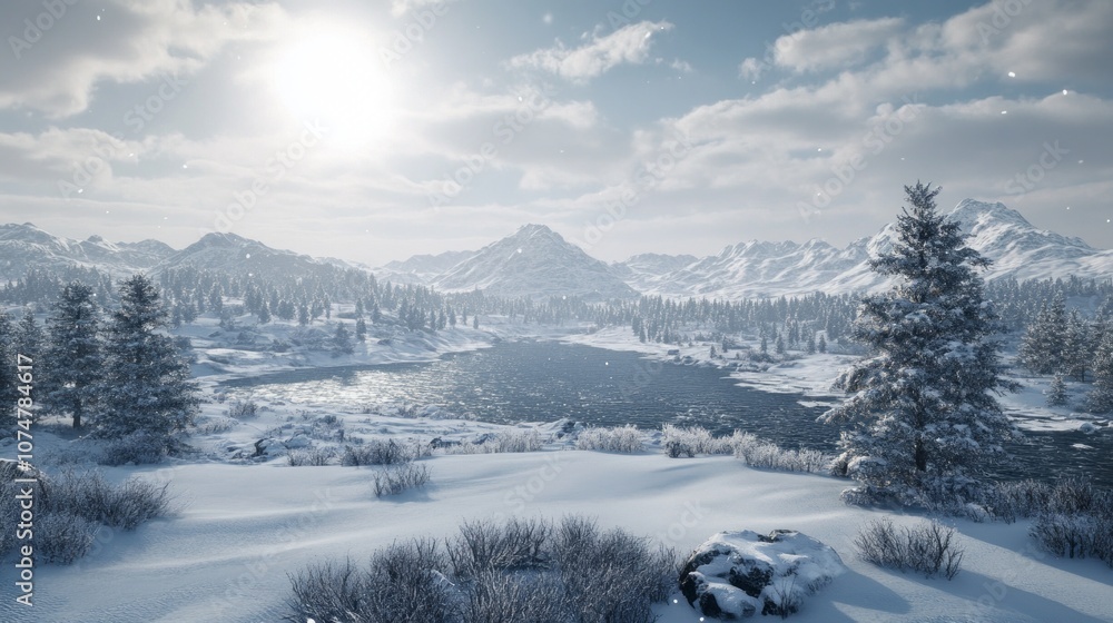 Poster a snowy landscape with a river and trees