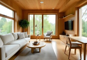 Fototapeta premium A modern living room with wooden walls , , a round wooden coffee table , and a wooden dining table with chairs . The room has large windows providing natural light and a minimalist, cozy atmosphere