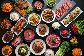 Diverse Community Feast Featuring Gourmet Meats and Fresh Vibrant Produce