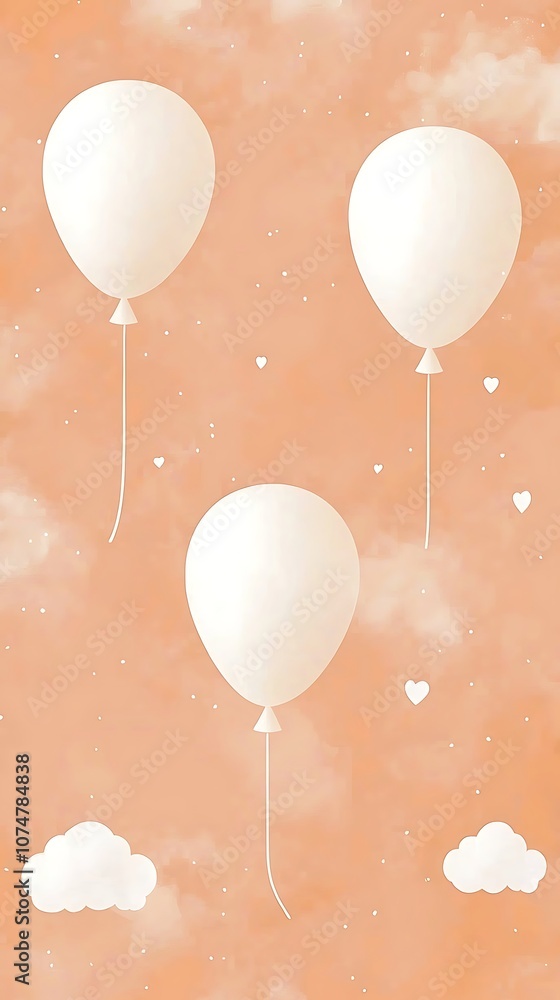 Poster Delicate White Balloons Floating Against a Soft Peach Cloudy Background with Tiny Hearts for a Dreamy, Whimsical Atmosphere in a Minimalist Design