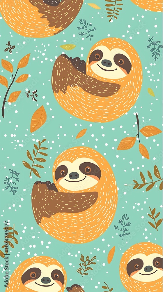Poster cute and playful sloths in a whimsical forest pattern with colorful leaves on a refreshing backgroun