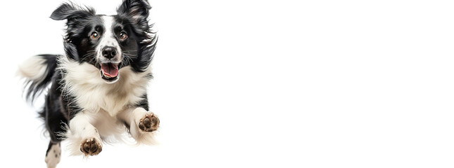 Fototapeta premium Joyful border collie leaps in excitement for food against a clean white background. Header banner mockup with copy space.