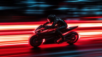 Obraz premium Futuristic motorcycle racing at night with neon red light trails