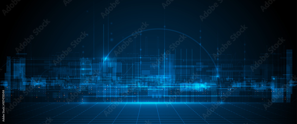 Aufkleber vector illustration architecture, cityscape with cyber space, neon light. modern hi-tech, science, d