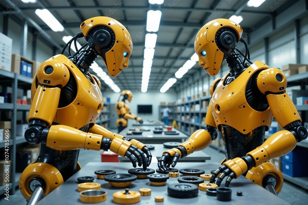 Aufkleber two yellow robots are diligently working on a large table in a factory
