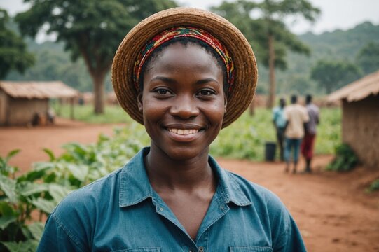 Close portrait of a smiling young Ghanaian female farmer standing and looking at the camera, outdoors Ghanaian rural blurred background