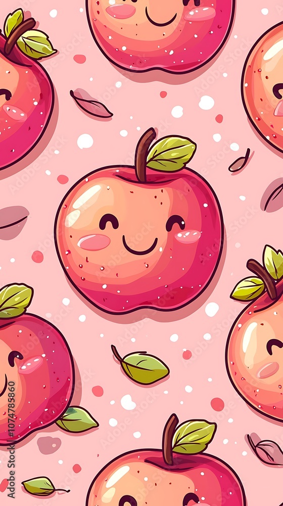 Aufkleber cute and whimsical digital pattern featuring smiling apples with vibrant colors and playful backgrou