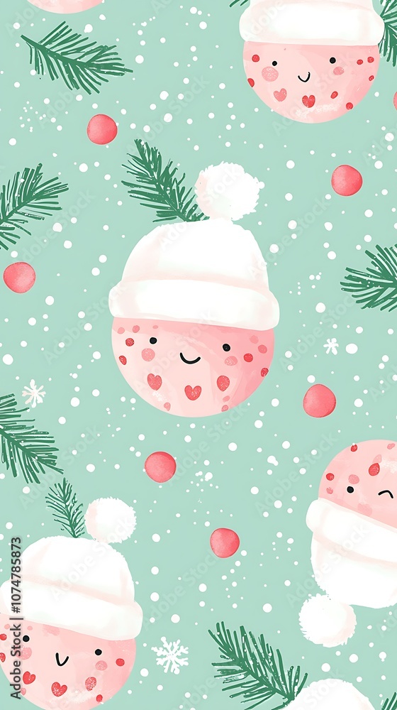 Poster cute and whimsical winter background featuring adorable snowman characters in hats with festive elem