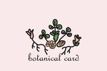 Hand drawn botanical growing plants with roots isolated on beige background. Trendy floral artistic vector illustration. Graphic design for wedding invitation greeting card flyer banner event border