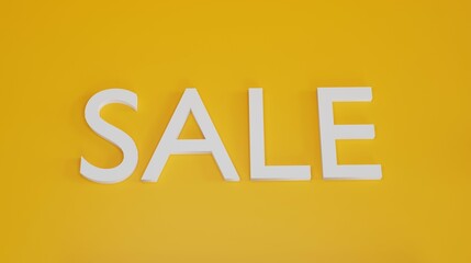 3D Top View Illustration of White 'Sale' Text on Yellow Background, Representing Promotional Discounts, E-commerce Marketing, and Retail Offers