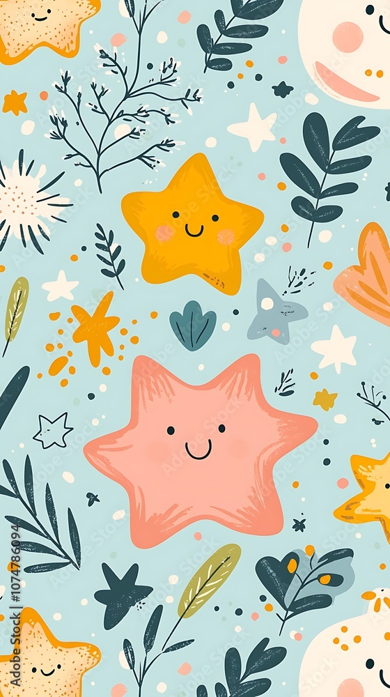 Poster colorful and playful cartoon star pattern with smiling faces and botanical elements on a light blue 