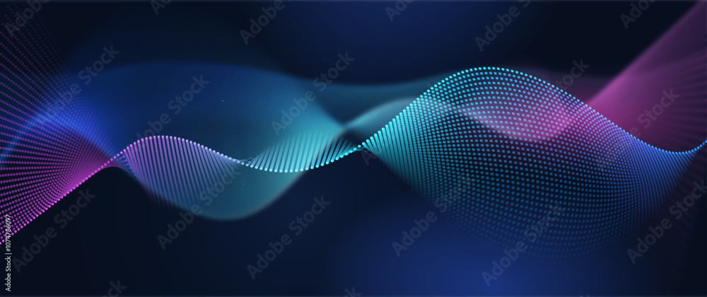 Aufkleber vector abstract flowing wave line, particle dot pattern, neon light on dark blue gradient background
