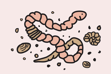 Cartoon hand drawn black outline worm isolated on beige background artistic vector illustration. Line art graphic design for children coloring book invitation greeting card flyer banner event