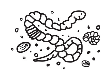 Cartoon hand drawn black outline worm isolated on white background artistic vector illustration. Line art graphic design for children coloring book invitation greeting card flyer banner event