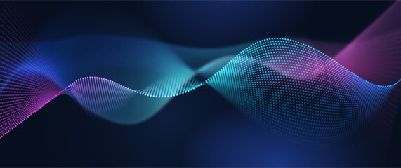 Vector Abstract flowing wave line, particle dot pattern, neon light on dark blue gradient background. Modern futuristic design, particles wave data for background. Network, science, technology concept