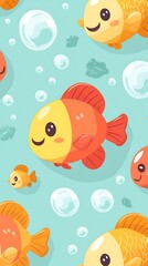 Charming and Colorful Cartoon Fish Swimming Among Bubbles in a Light Aquatic Background Perfect for Children's Designs and Fun Illustrations