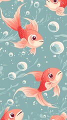 Playful goldfish swimming among bubbles and aquatic plants in a whimsical underwater scene with a soothing blue background for creative designs and projects.