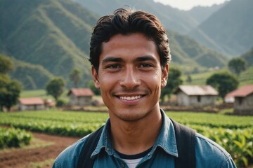 Close portrait of a smiling young Guatemalan male farmer standing and looking at the camera, outdoors Guatemalan rural blurred background