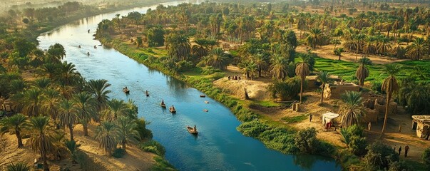 Overhead View of Ancient Egyptian Canals and Farmland with Riverboats Along the Nile River, Depicting Historical Irrigation and Agriculture in a Desert Oasis Landscape