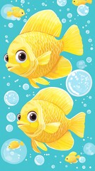 Fototapeta premium Playful Underwater Scene Featuring Colorful Yellow Fish Surrounded by Bubbles in a Bright Aquatic Environment, Perfect for Kids' Decoration or Educational Materials