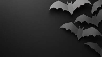 Fototapeta premium A array of black bat silhouettes on a dark background, showcasing various sizes and orientations. Ideal for Halloween themes, posters, and digital media.