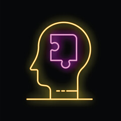 Neon sign depicting a human head silhouette with a bright puzzle piece inside, conveying the concept of finding solutions