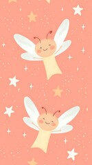 Cute and Whimsical Illustration of a Cheerful Fairy with Wings Set Against a Soft Peach Background Filled with Stars and Sparkles for Children's Decor
