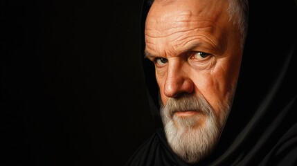 Fototapeta premium A close-up portrait of an elderly man with a contemplative expression, deep-set eyes, and a prominent beard, dressed in a dark hood. dramatic lighting highlights his wisdom and introspection.