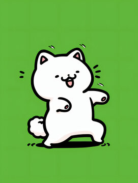 A cute cartoon character resembling a white cat is depicted dancing joyfully against a bright green background, capturing a playful and fun spirit for the entertainment industry.