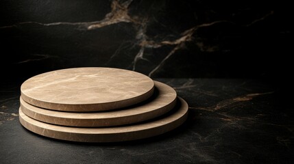 Obraz premium A minimalist scene with three stacked round marble trays against a dark marble backdrop. Soft shadows and polished surfaces evoke luxury, ideal for decor and lifestyle branding.