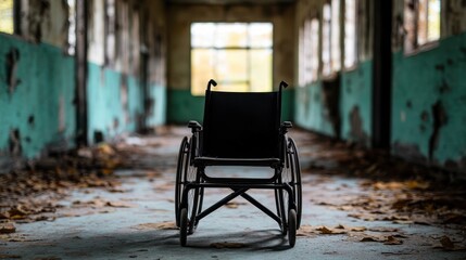 A solitary black wheelchair sits in a dimly lit corridor with peeling turquoise walls and dried leaves on the floor, evoking themes of abandonment and loss, ideal for projects on healthcare or urban e