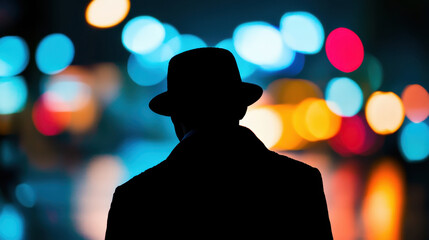 A striking silhouette of a fedora-clad figure against a vibrant, blurred cityscape. Colorful lights create an atmospheric backdrop, evoking mystery and contemplation. Perfect for urban themes.