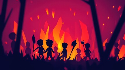 A striking silhouette stylized figures with primitive weapons against a vivid flame backdrop. fiery colors enhance themes of survival, conflict, and unity.