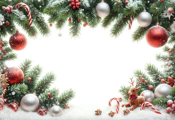 PNG festive christmas horizontal frame with branches decorated with colorful balls and snow