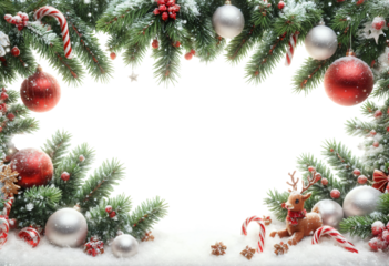 PNG festive christmas horizontal frame with branches decorated with colorful balls and snow