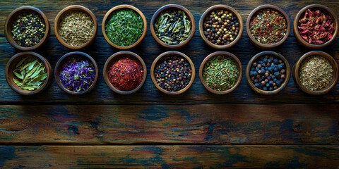 A row of wooden bowls filled with various spices