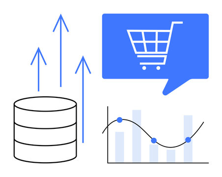 Database icon, upward arrows, shopping cart in speech bubble, and graph with bars and line. Ideal for e-commerce, data analytics, business growth, market trends, financial analysis, online shopping