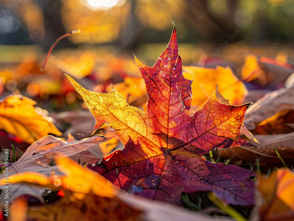 Poster another close-up image focuses on a single maple leaf, showcasing intricate details and rich colors 
