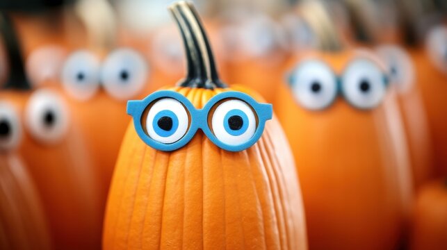 A vibrant close-up of orange pumpkins with oversized googly eyes and quirky blue glasses creates a cheerful autumn atmosphere, perfect for Halloween and Thanksgiving themes.