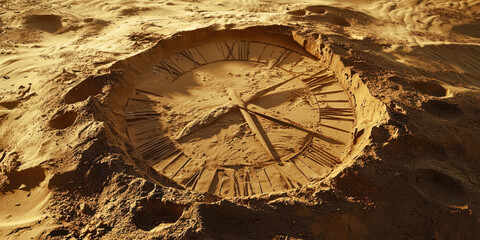 Fototapeta premium A clock is carved into the sand, with the hands pointing to the numbers 1 and 12